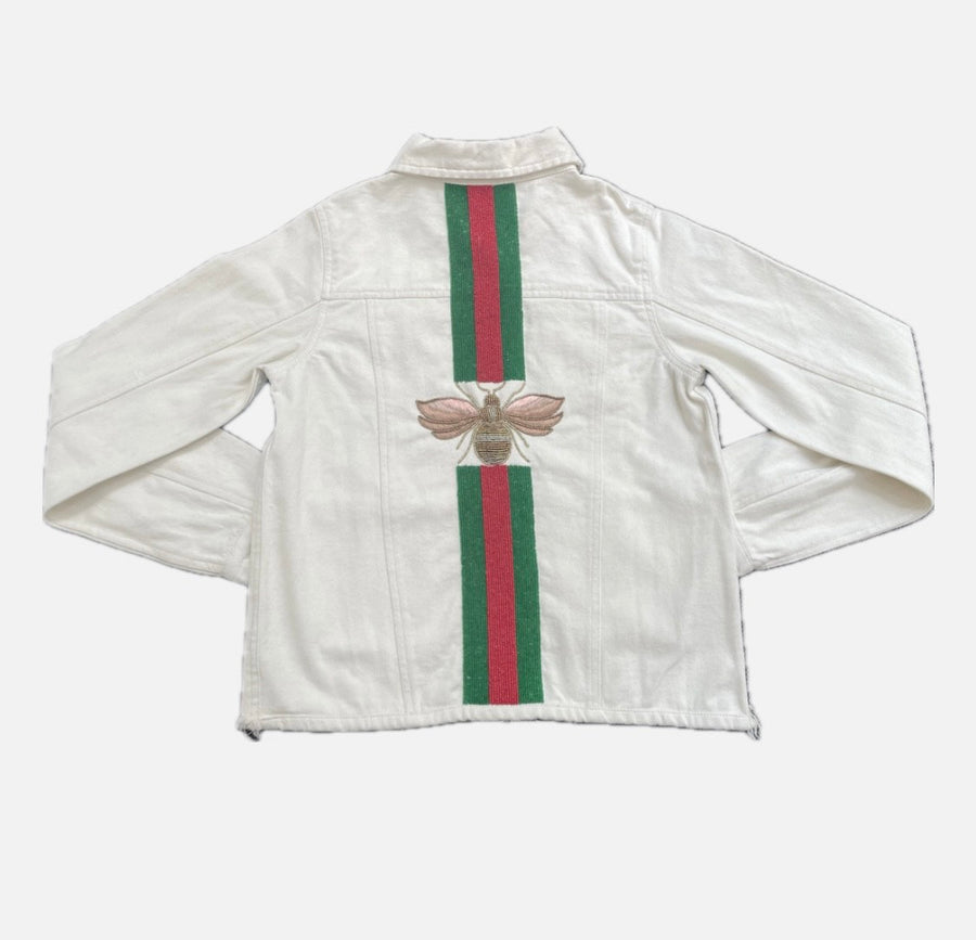 Sample Ivory Emerald/Red- Gold Bee- Denim Jacket SMALL SIZE
