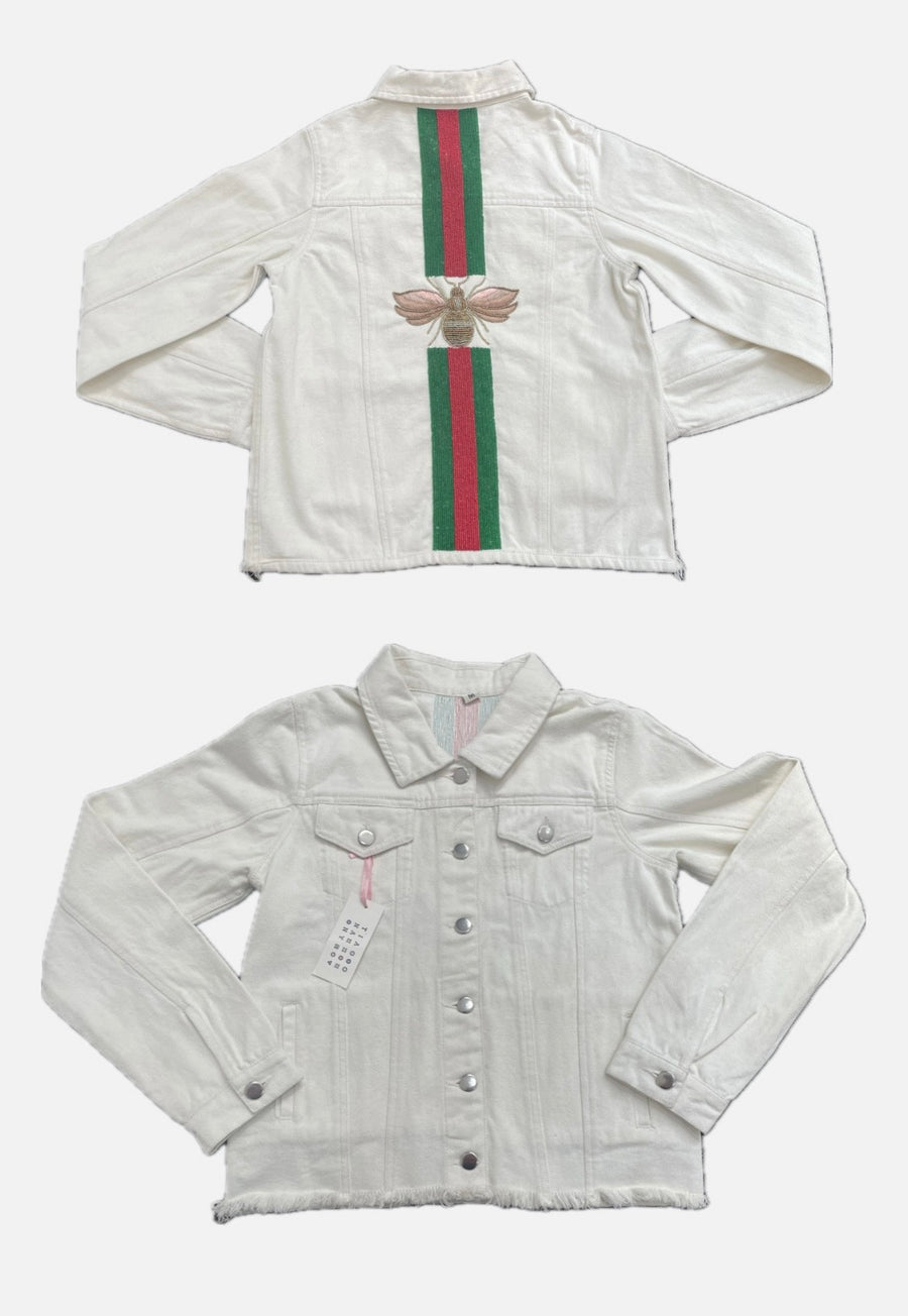Sample Ivory Emerald/Red- Gold Bee- Denim Jacket SMALL SIZE