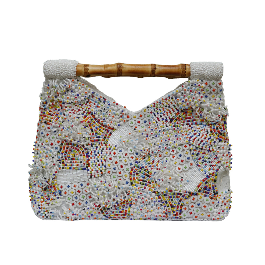 Sample: Bamboo handle colorful white clutch