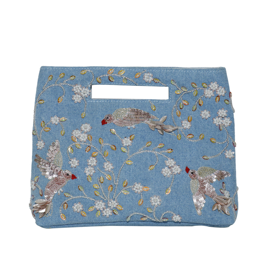 Sample: DENIM BEADED HANDLE CLUTCH