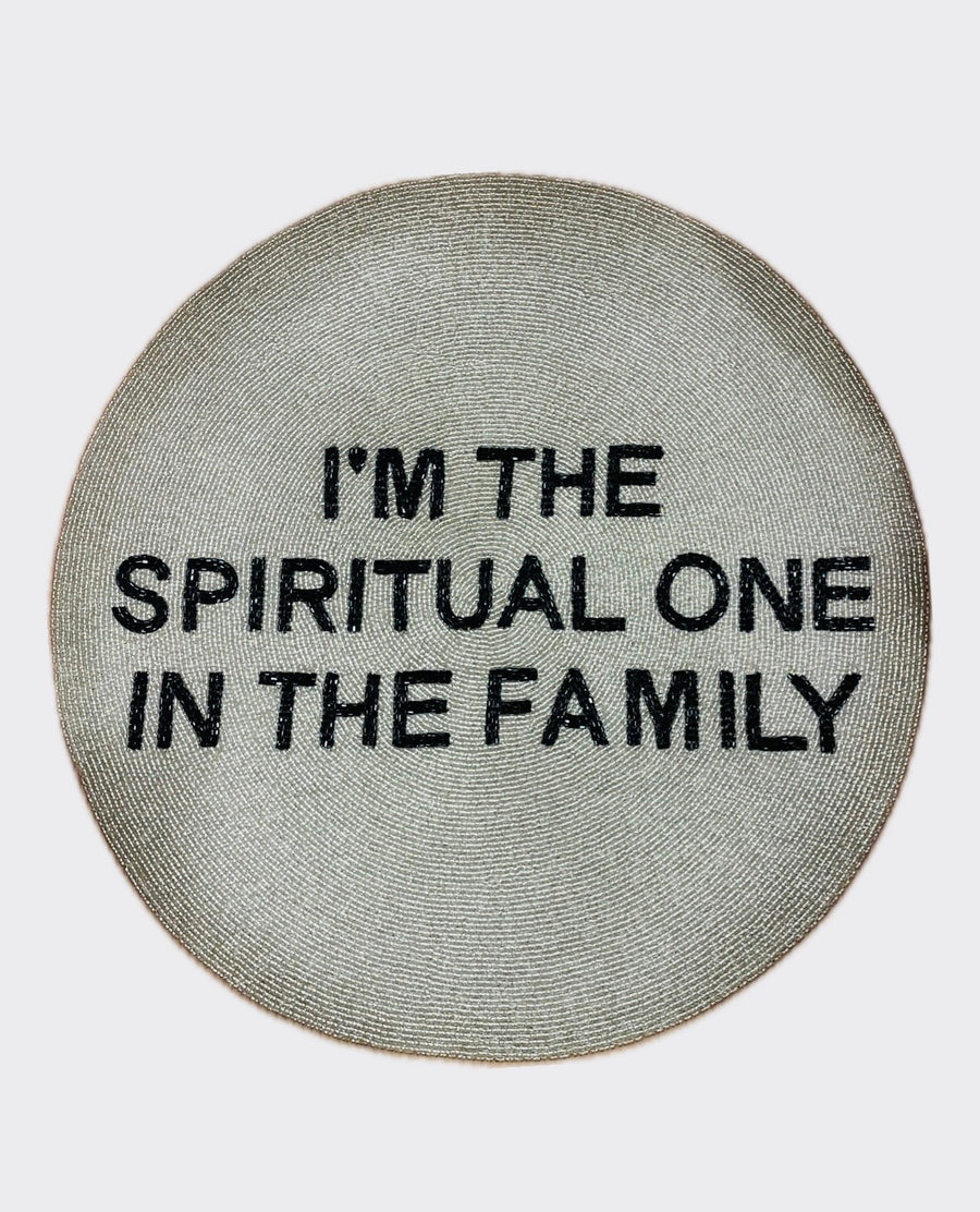 Sample round tablemat I'M SPIRITUAL ONE ... silver black