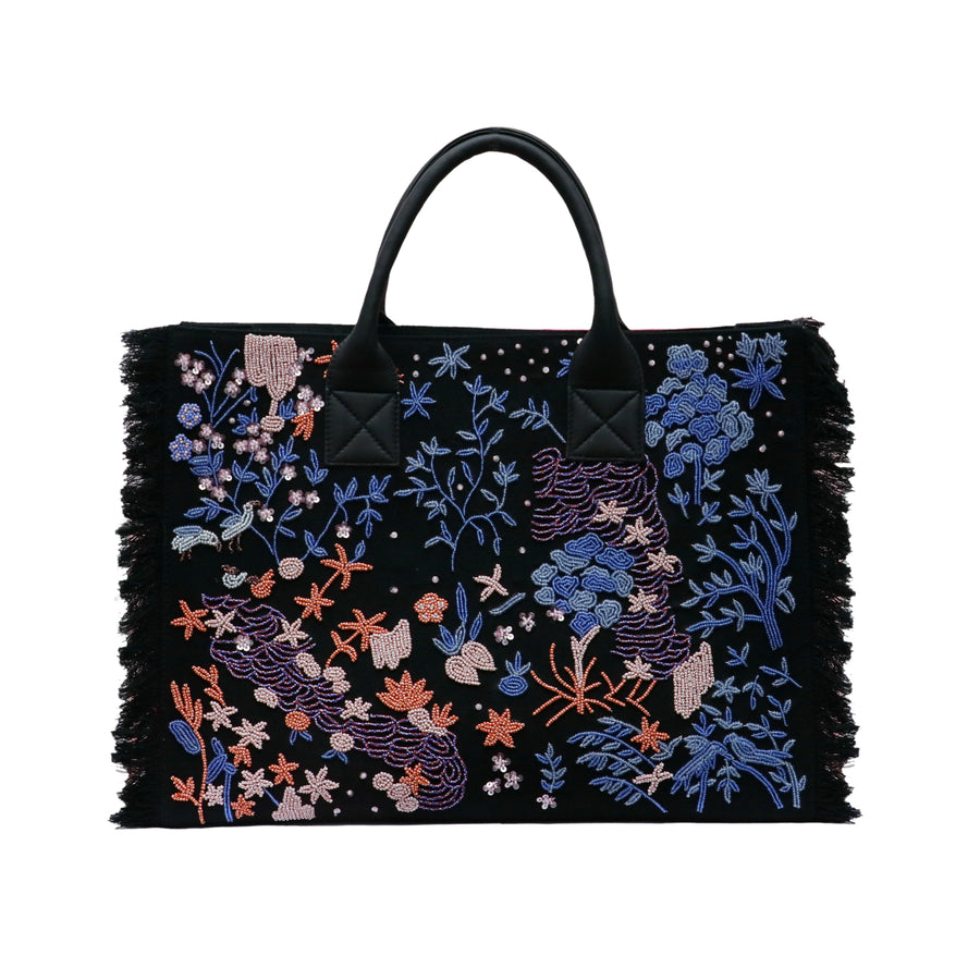 Sea life on black canvas tote